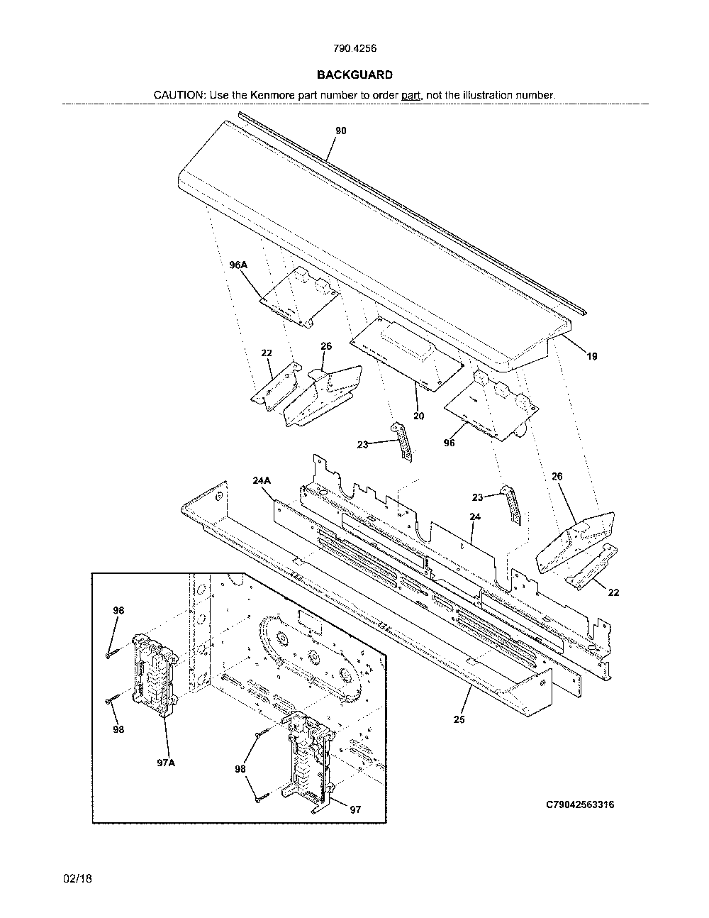Backguard Diagram and Parts List for 79042563317  Kenmore Range