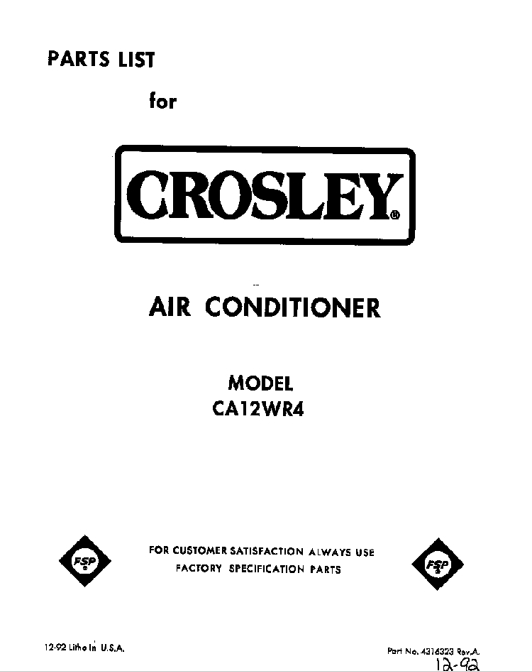 Front Cover Diagram and Parts List for CA12W04  Crosley Air Conditioner