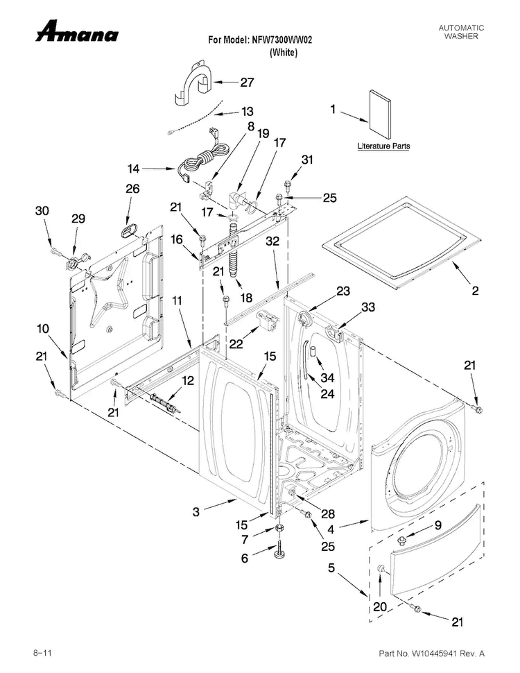 Top And Cabinet Parts Diagram and Parts List for NFW7300WW02  Amana Washer