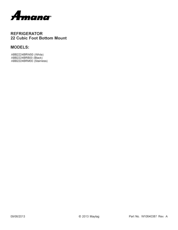 Cover Sheet Diagram and Parts List for ABB2224BRB00  Amana Refrigerator