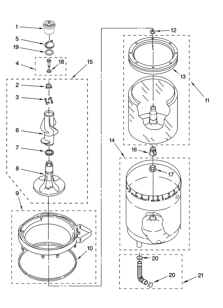 Agitator, Basket And Tub Parts Diagram and Parts List for MET3800TW2  Maytag Washer Dryer Combo