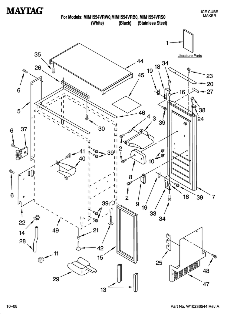 Cabinet Liner And Door Parts Diagram and Parts List for MIM1554VRS0  Maytag Ice Maker