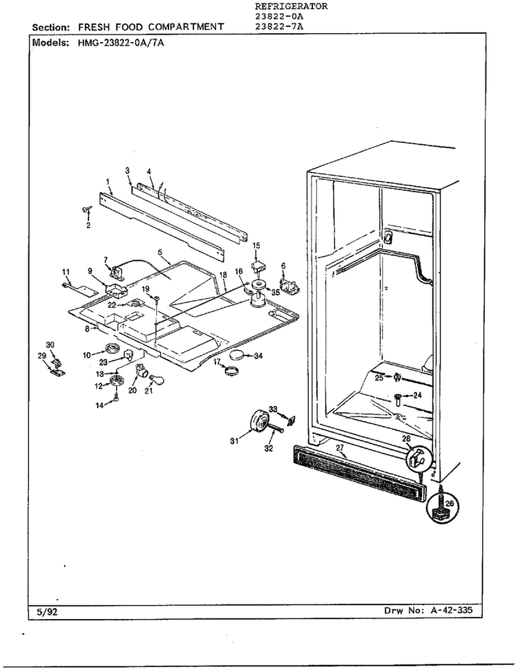 Fresh Food Compartment Diagram and Parts List for 23822-7A  Admiral Refrigerator