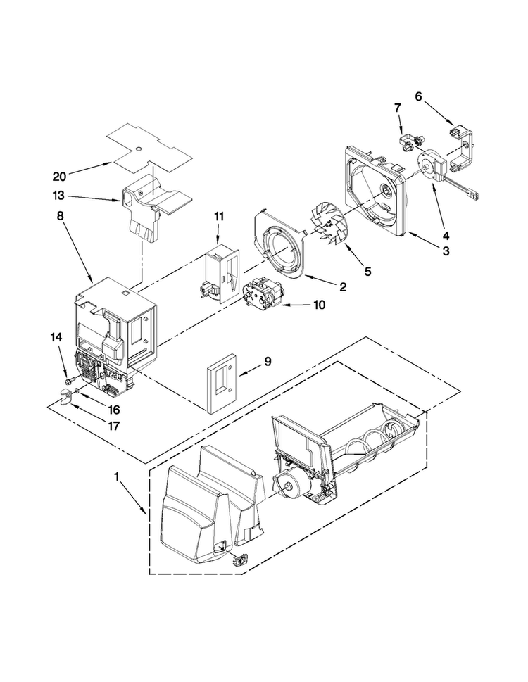 Motor And Ice Container Parts Diagram and Parts List for JFI2089WES4  Jenn-Air Refrigerator