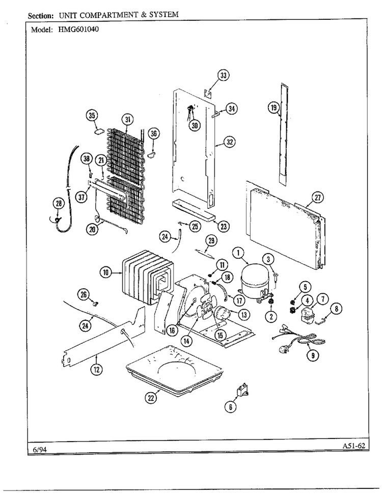 Unit Compartment And System Diagram and Parts List for 301040  Admiral Refrigerator