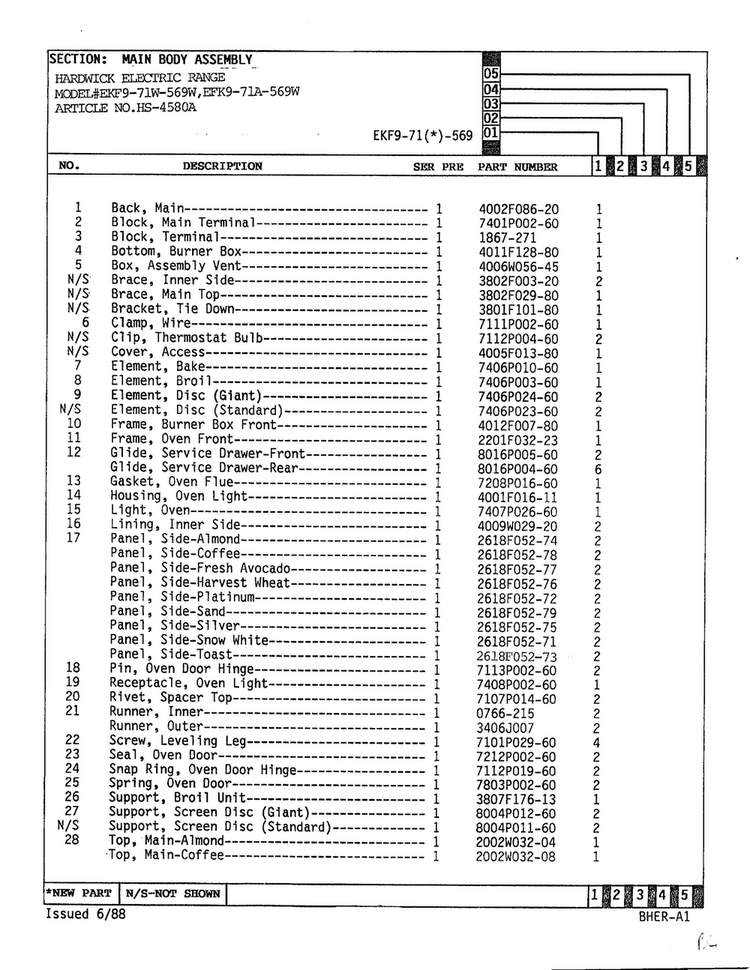 Main Body Assembly Page 2 Diagram and Parts List for 4580A  Hardwick Range