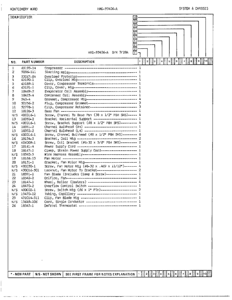 System And Chassis Page 2 Diagram and Parts List for 93406A  Admiral Dehumidifier