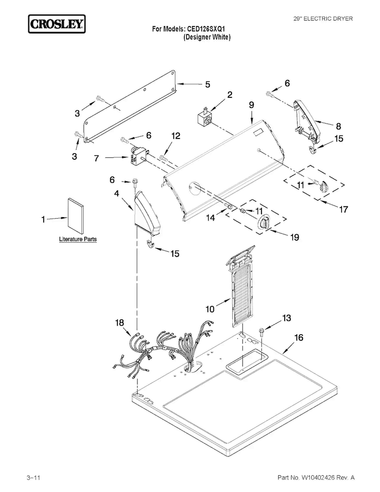 Top And Console Parts Diagram and Parts List for CED126SXQ1  Crosley Dryer