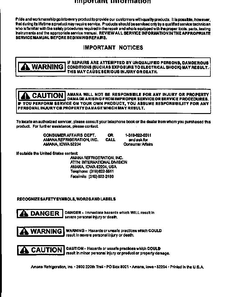 Important Notices Diagram and Parts List for TA18S2W-P1194501WW  Amana Refrigerator