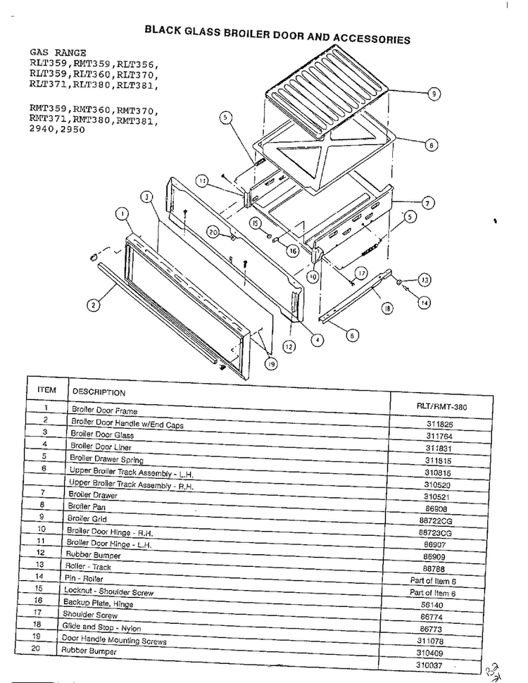 Black Glass Broiler Door And Accessories Diagram and Parts List for RLT360  Amana Range