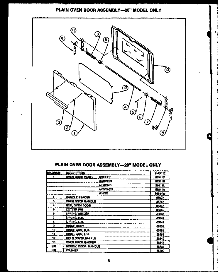 PLAIN OVEN DOOR ASSY - - 20`` MODEL ONLY Diagram and Parts List for EHD112  Caloric Range