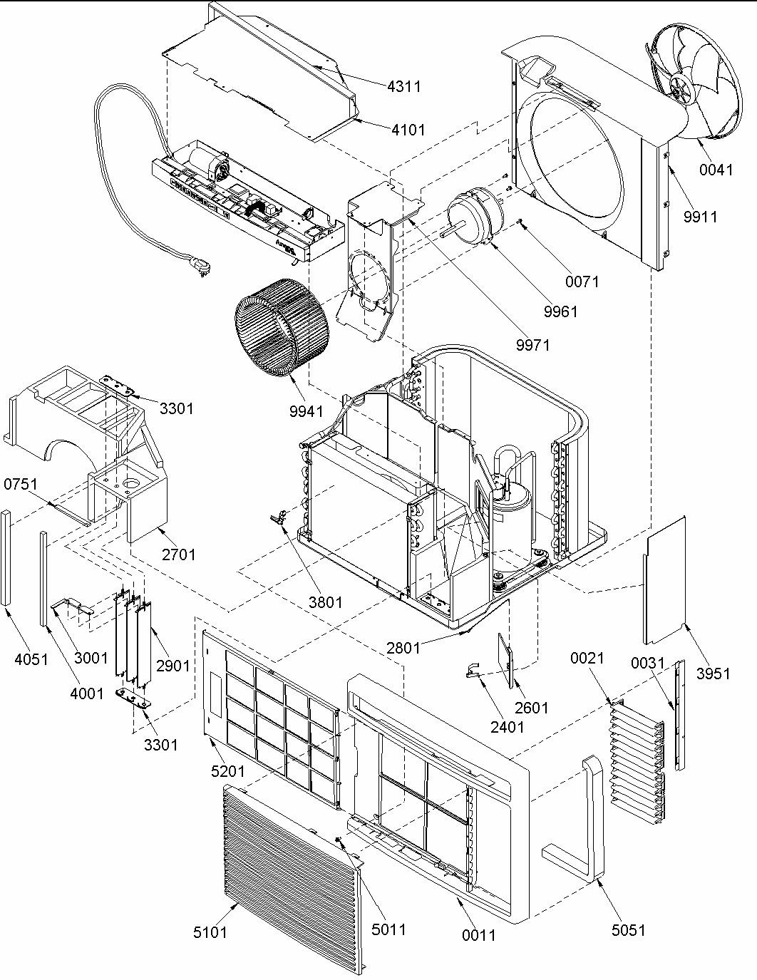 Chassis Assembly Diagram and Parts List for 10M12TA-P1230806R  Amana Air Conditioner