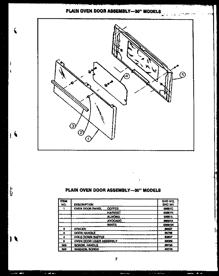 PLAIN OVEN DOOR ASSY - - 30`` MODELS Diagram and Parts List for EHD312  Caloric Range
