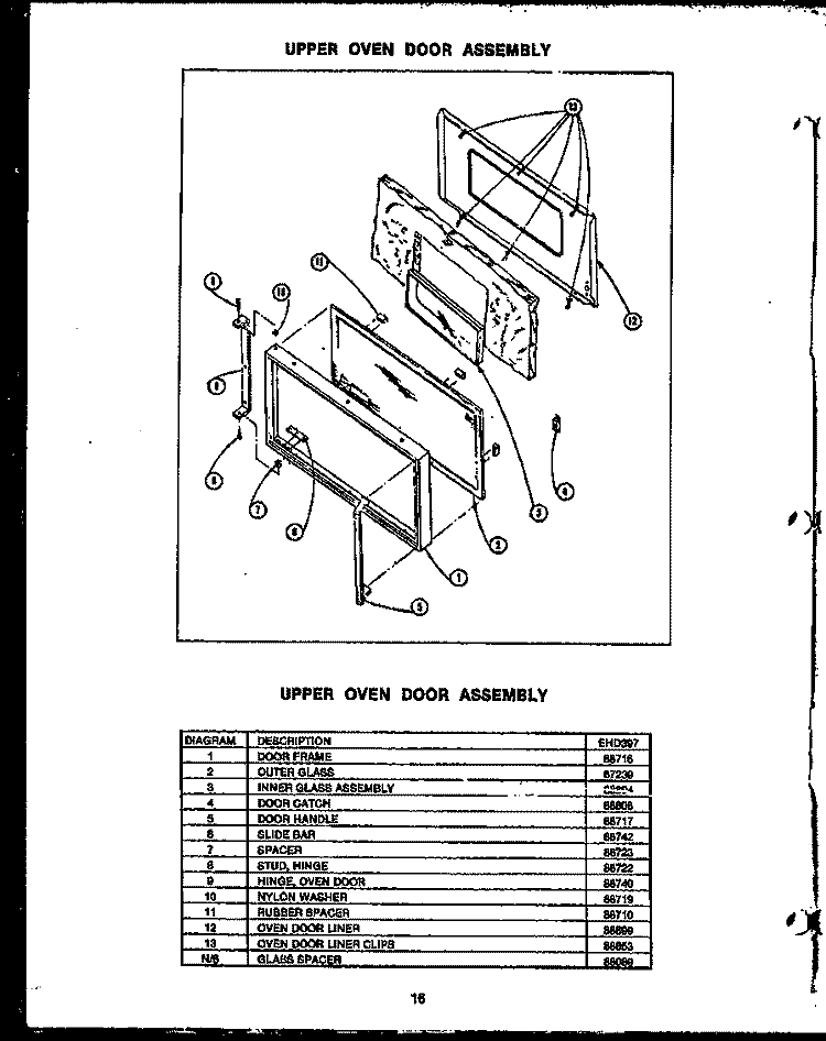UPPER OVEN DOOR ASSY Diagram and Parts List for EHD397  Caloric Range