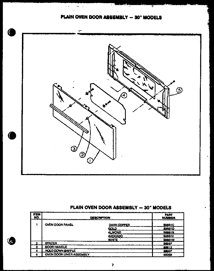 PLAIN OVEN DOOR ASSY - 30`` MODELS Diagram and Parts List for EHB112  Caloric Range