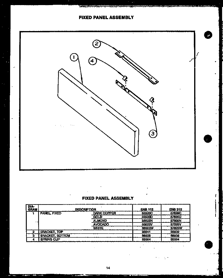 FIXED PANEL ASSY Diagram and Parts List for EHB112  Caloric Range