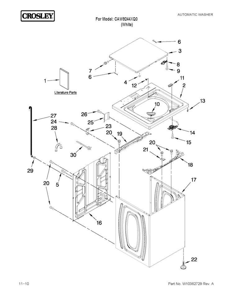 Top And Cabinet Parts Diagram and Parts List for CAW9244XQ0  Crosley Washer