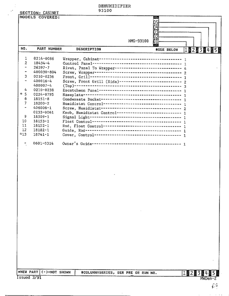 Cabinet Page 2 Diagram and Parts List for 93100  Admiral Dehumidifier