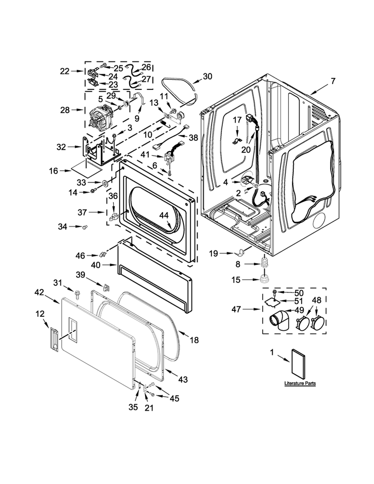 Lower Cabinet And Front Panel Parts Diagram and Parts List for MLE26PDBZW0  Maytag Dryer