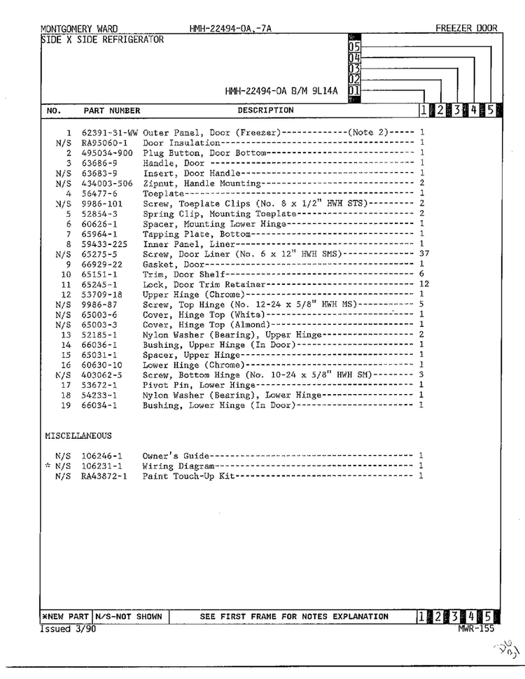 Freezer Door Page 2 Diagram and Parts List for 22494-OA  Admiral Refrigerator