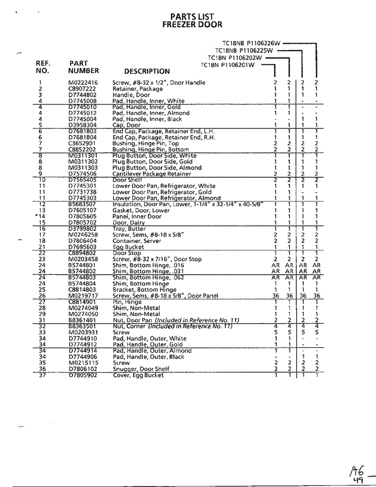 Freezer Door Page 2 Diagram and Parts List for TC22N-P116205W  Amana Refrigerator