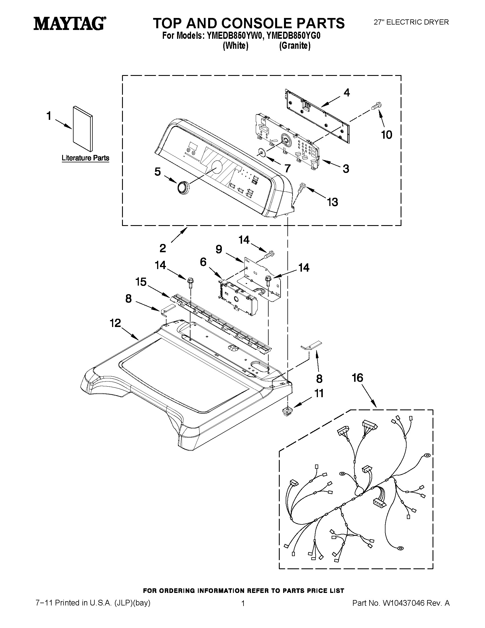 01 - TOP AND CONSOLE PARTS Diagram and Parts List for YMEDB850YW0  Maytag Dryer