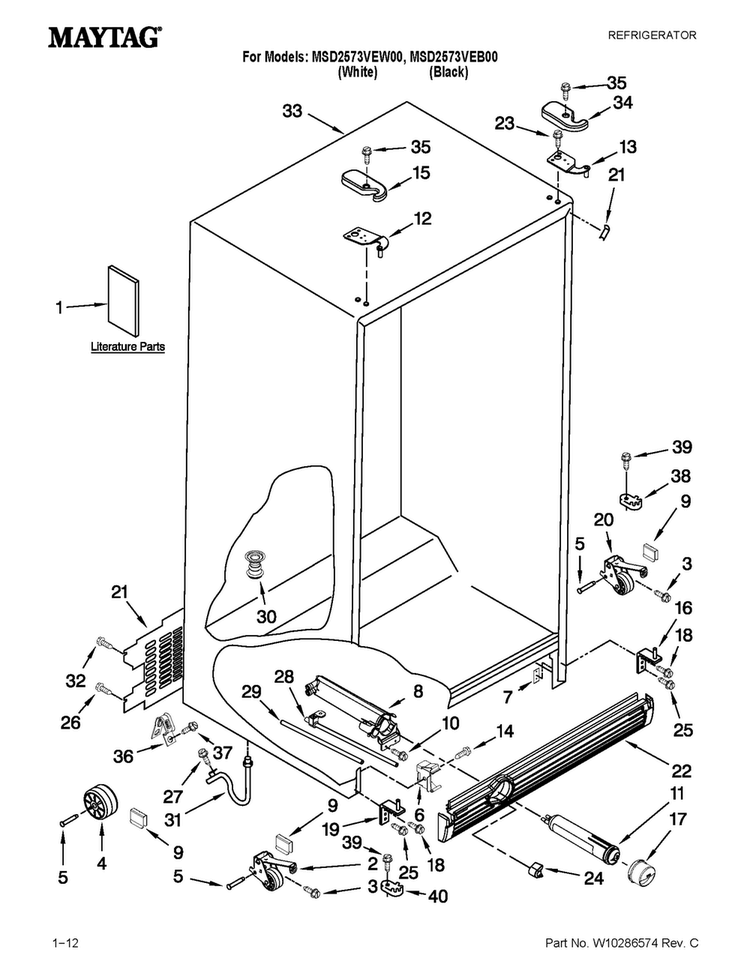 Cabinet Parts Diagram and Parts List for MSD2573VEW00  Maytag Refrigerator