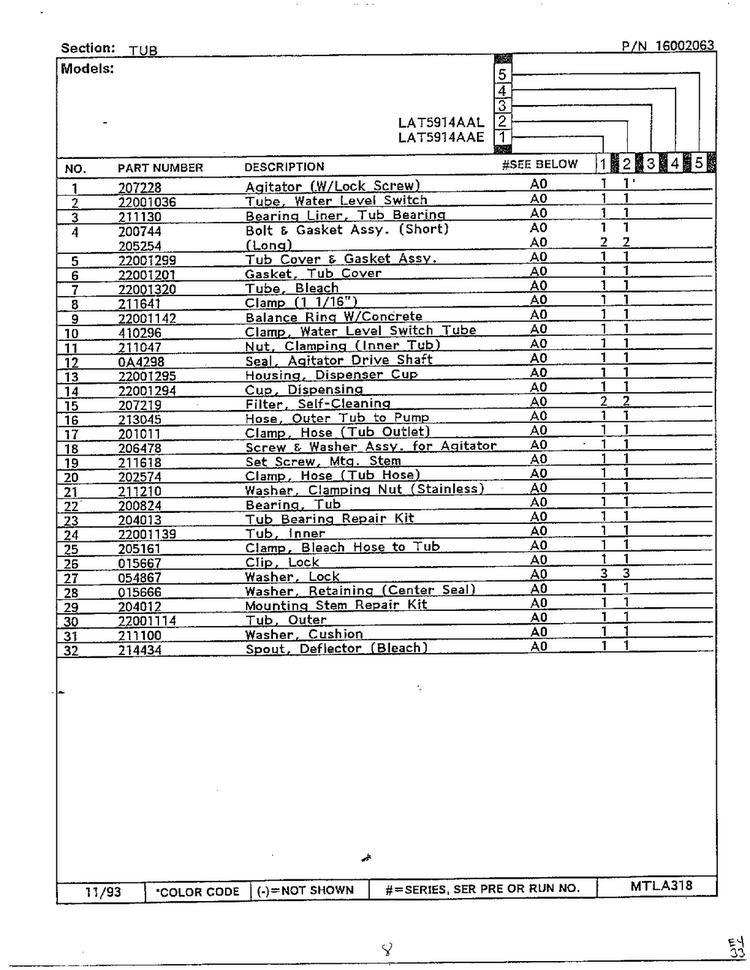 Tub Page 2 Diagram and Parts List for 6359  Maytag Washer