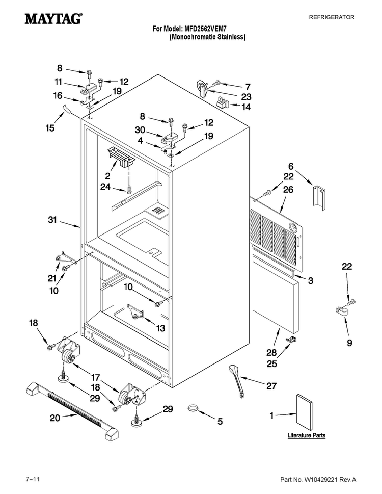 Cabinet Parts Diagram and Parts List for MFD2562VEM7  Maytag Refrigerator