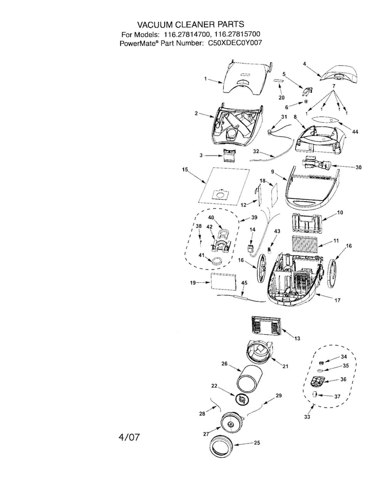 Vacuum Cleaner Diagram and Parts List for 11627815700  Kenmore Canister Vacuum