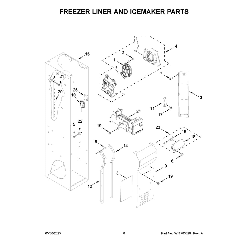 Freezer Liner And Icemaker Parts Diagram and Parts List for JBSFS42NMX25  Jenn-Air Refrigerator