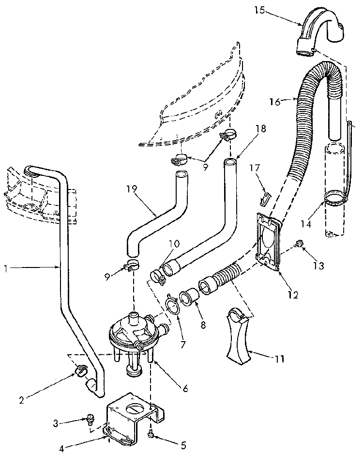 Pump Assembly, Bracket And Hoses Diagram and Parts List for NA3612L33628  Speed Queen Washer