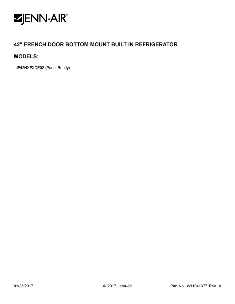 Cover Sheet Diagram and Parts List for JF42NXFXDE02  Jenn-Air Refrigerator