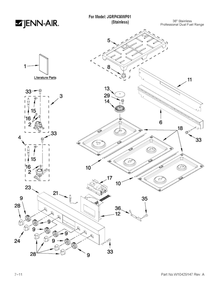 Cooktop, Burner And Grate Parts Diagram and Parts List for JGRP436WP01  Jenn-Air Range