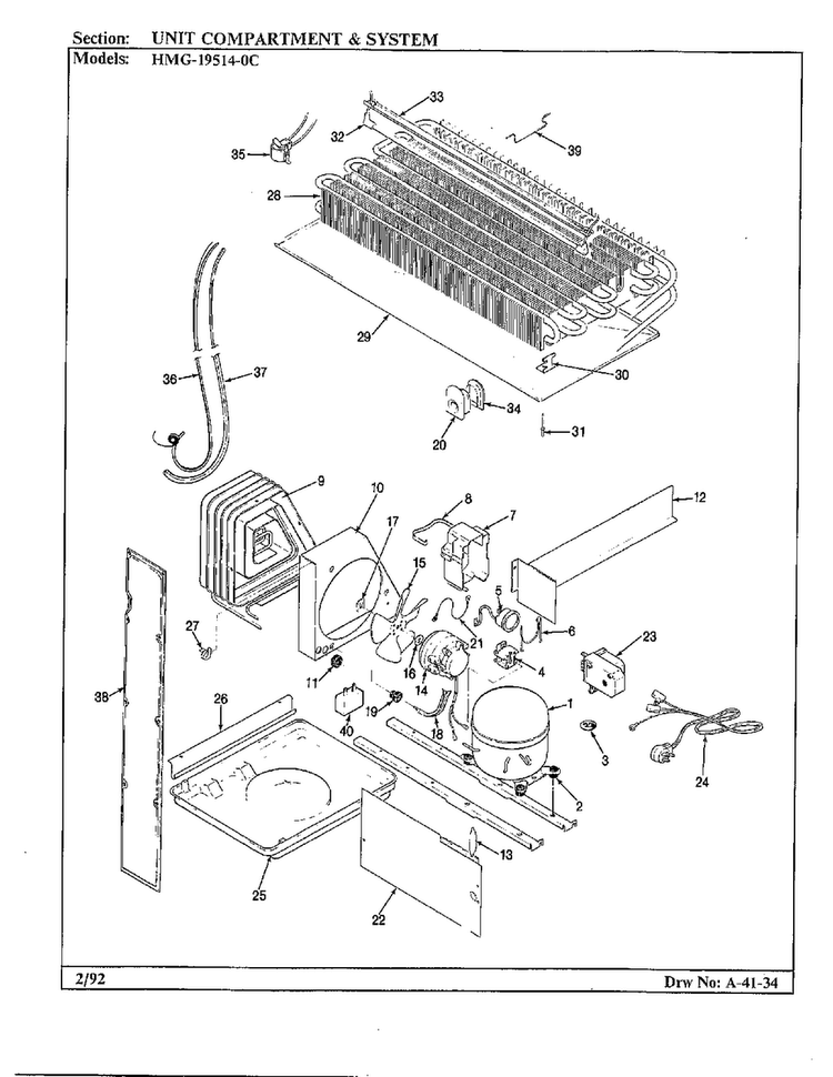 Unit Compartment And System Diagram and Parts List for 19514-0A  Admiral Refrigerator