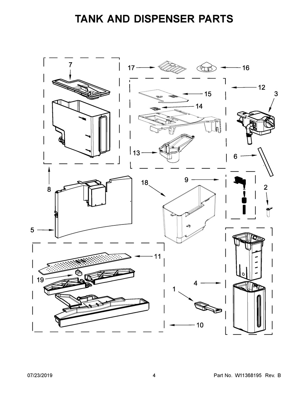 Tank And Dispenser Parts Diagram and Parts List for JJB6424HM0  Maytag Coffee Maker