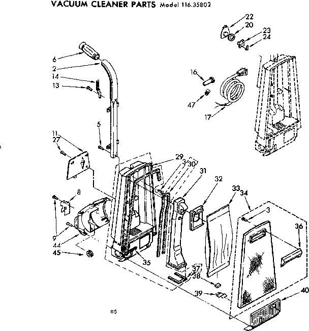 Handle And Bag Housing Diagram and Parts List for 11635802  Kenmore Upright Vacuum