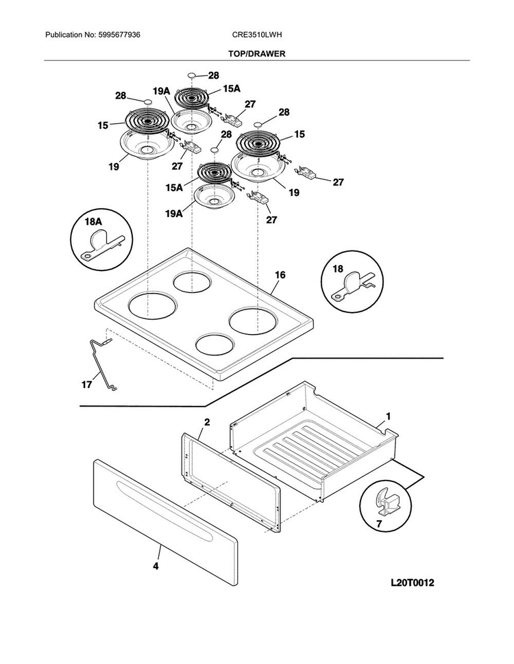 Top/drawer Diagram and Parts List for CRE3510LWH  Crosley Range