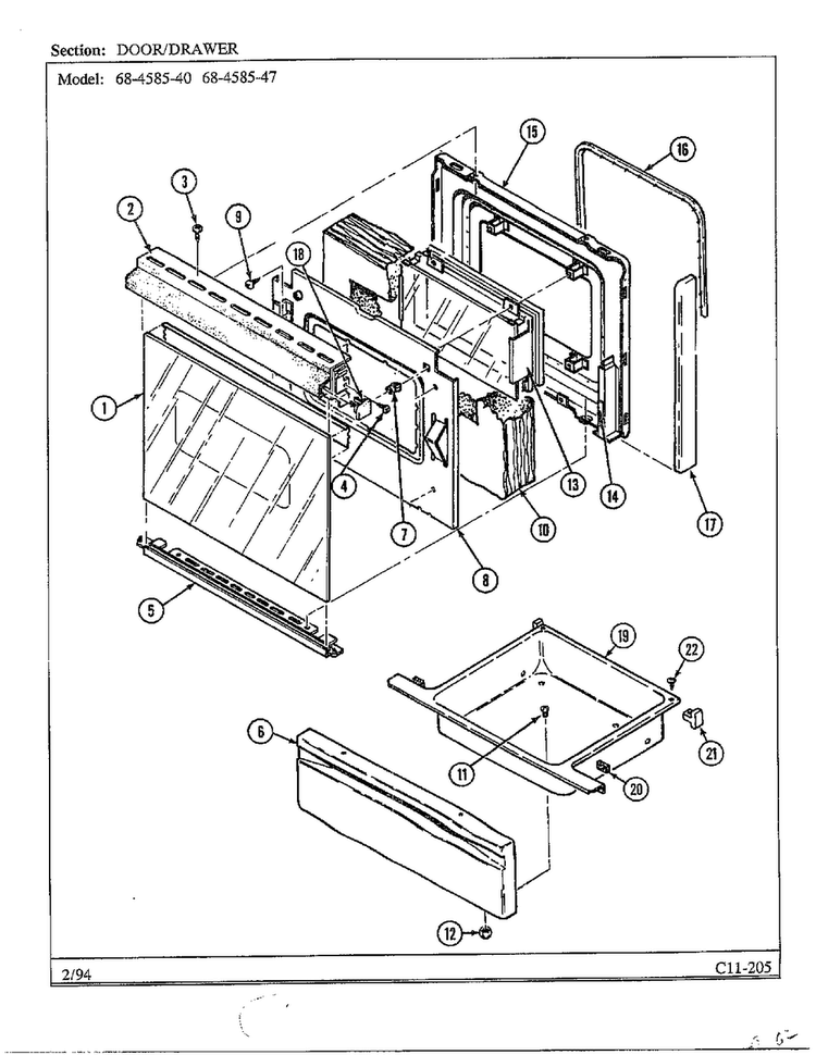 Door-drawer Diagram and Parts List for 68-4585-40  Magic Chef Range