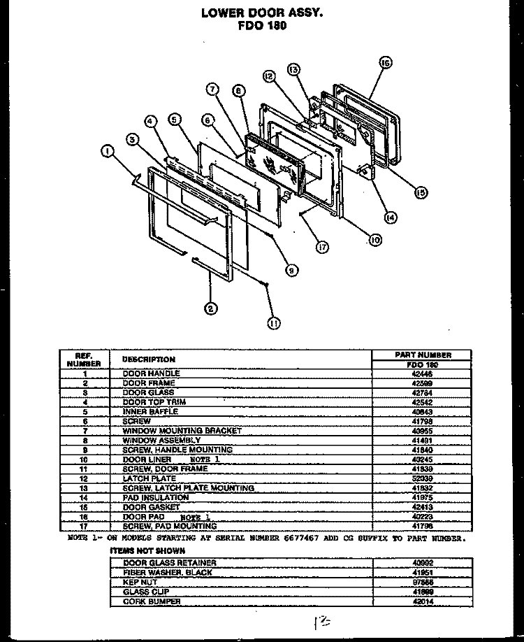 LOWER DOOR ASSY. FDO 180 Diagram and Parts List for FDO180  Amana Microwave