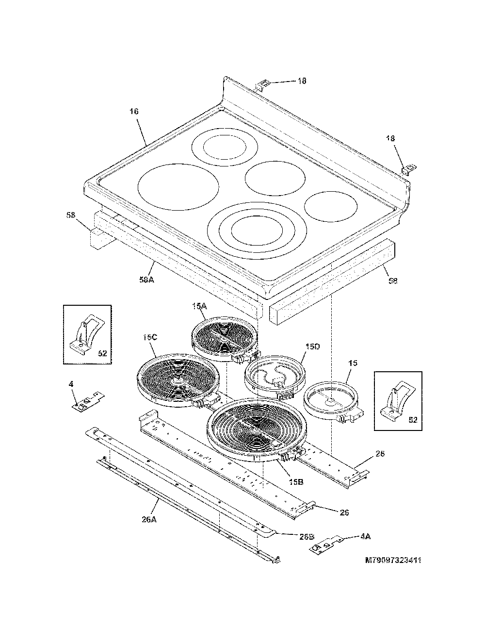 Main Top Diagram and Parts List for 79097323411  Kenmore Range