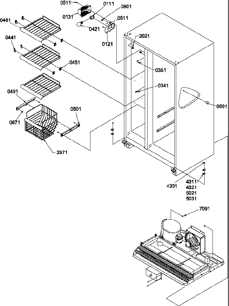 Freezer Shelves And Light Diagram and Parts List for SQD25TW-P1190427WW  Amana Refrigerator