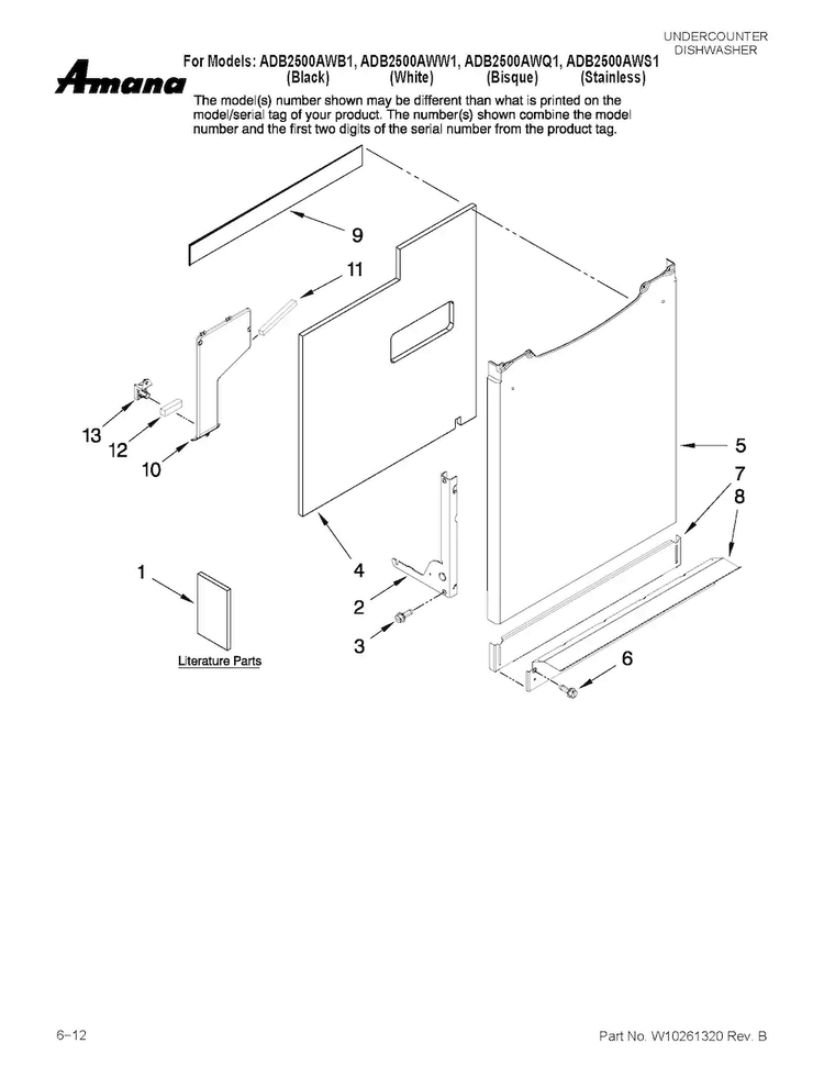 Door And Panel Parts Diagram and Parts List for ADB2500AWB1  Amana Dishwasher