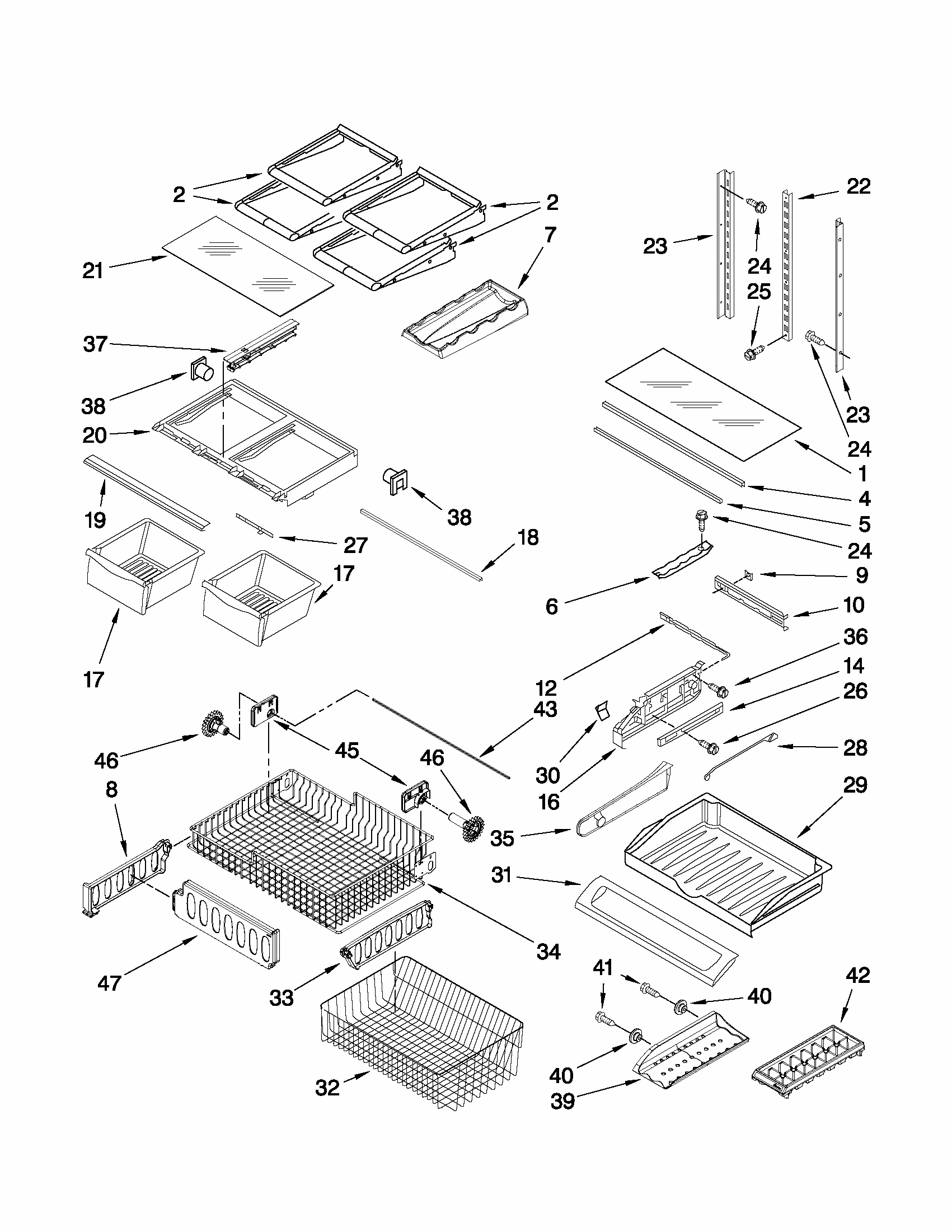 Shelf Parts Diagram and Parts List for G37025PEAS5  Maytag Refrigerator