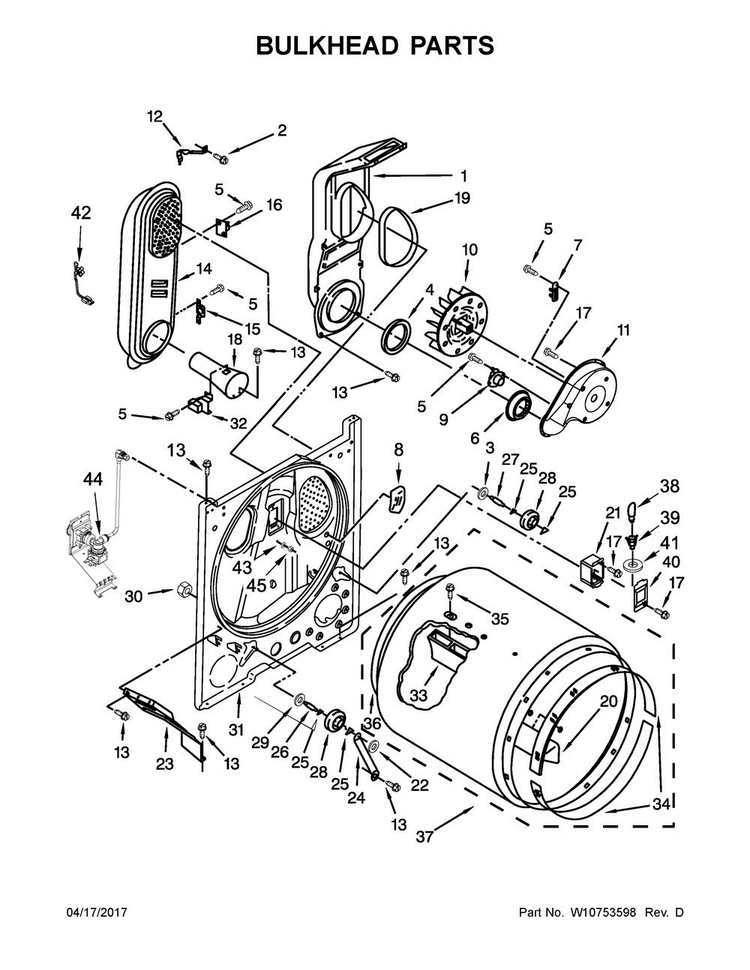 Bulkhead Parts Diagram and Parts List for MGDB755DW0  Maytag Dryer