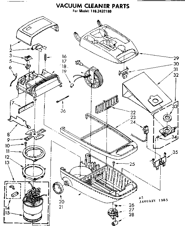 Base Assembly Diagram and Parts List for 1162432180  Kenmore Canister Vacuum