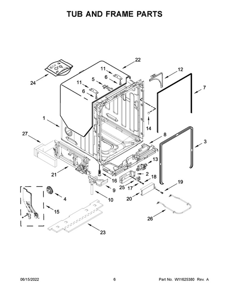 Tub And Frame Parts Diagram and Parts List for JDPSS246LL1  Maytag Dishwasher