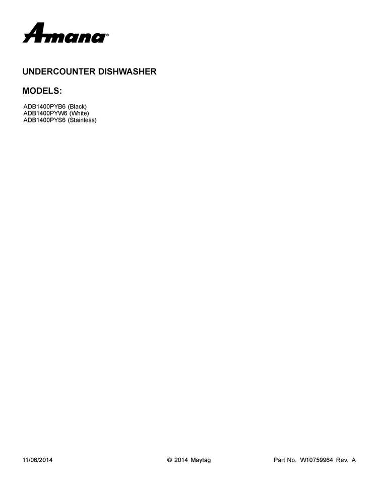 Cover Sheet Diagram and Parts List for ADB1400PYS6  Amana Dishwasher