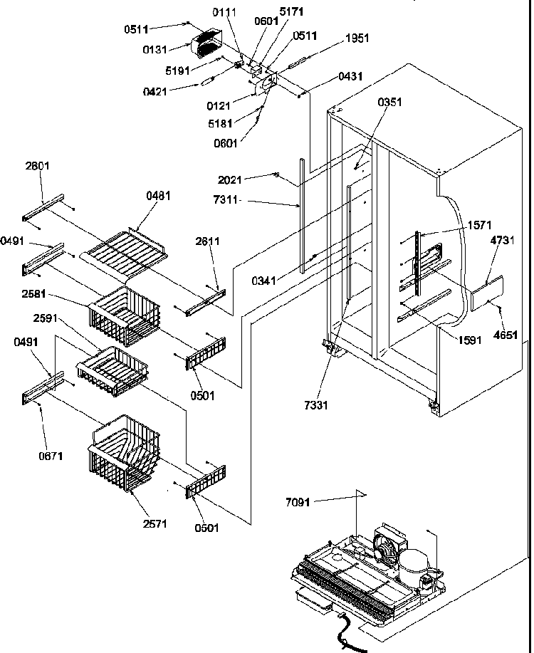 Freezer Shelves And Light Diagram and Parts List for SRDE327S3E-P1312501WE  Amana Refrigerator