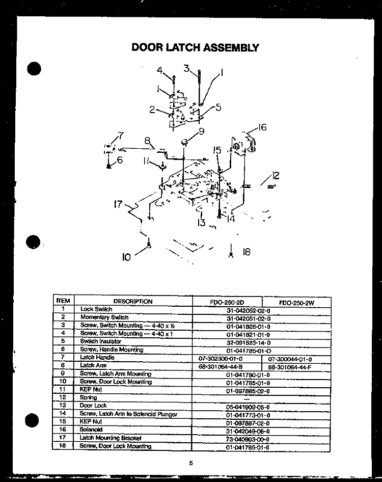 DOOR LATCH ASSY Diagram and Parts List for FDO-250-2W FDO-250-2 W Amana Microwave